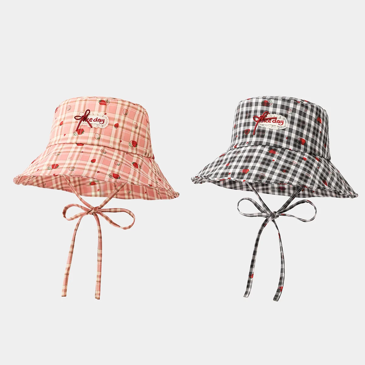 Korean Sweet Strawberry Plaid Bucket Hat for Women Fashion Versatile Sun Protection Hat for Spring and Summer