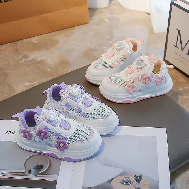 

2026 Spring New Girls Running Shoes Rotating Button Kids Sneakers Mesh Breathable Children Sports Casual Shoes Floral Design