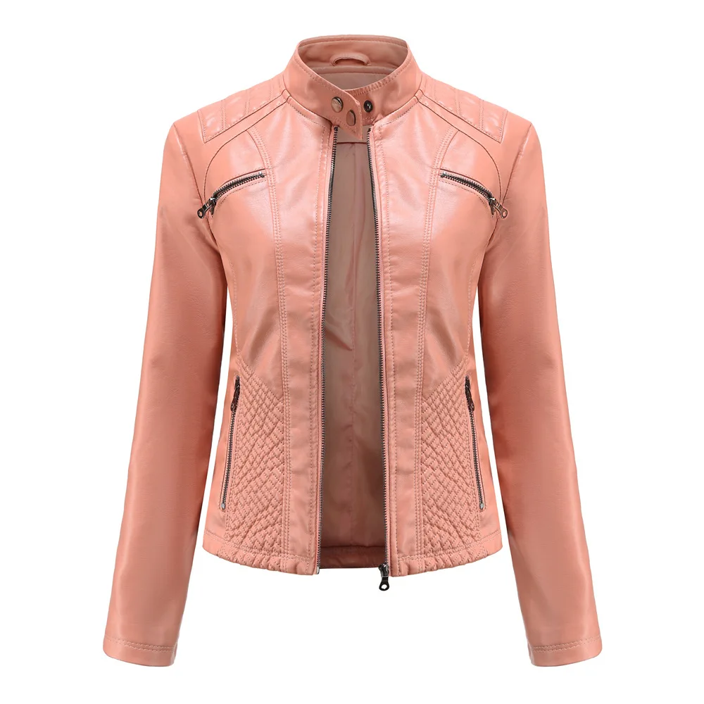 Chaqueta de cuero informal para mujer con cuello levantado, chaqueta con cremallera para motocicleta, corte ajustado, primavera y otoño, 2024