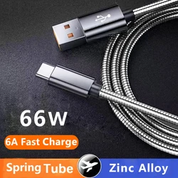 66W 6A Type C Charge Data Cable Spring Metal Braided For Xiaomi 12Pro K60 Samsung S6 S7 Huawei P40 P60 Android Phone USB C Cord