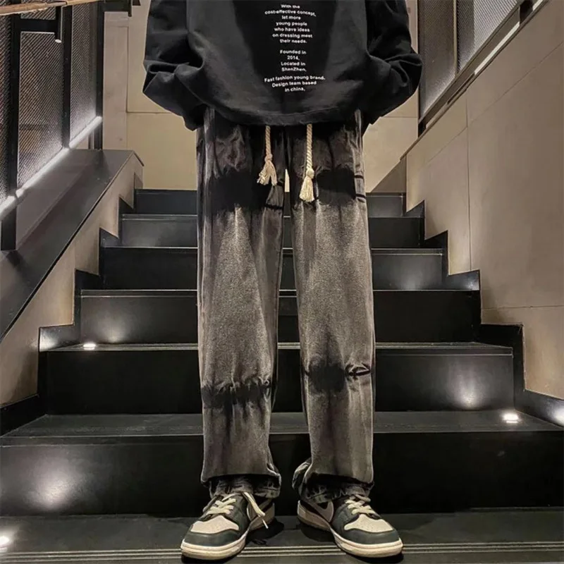 Tie-dye Jeans Men 2025 New Korean Style Straight Leg Drawstring Full Length Casual Trousers Loose Versatile Denim Pants Male