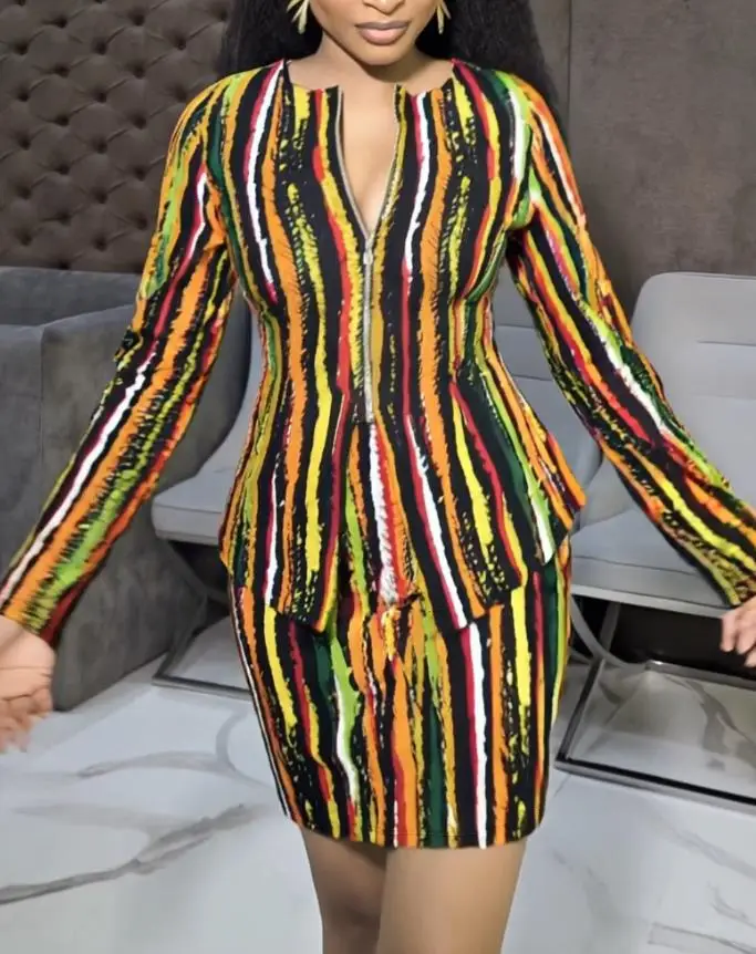 

Two Piece Set Women Outfit 2025 Spring New Multi-Color Striped Bell Sleeve Zip Up Slit Cinched Waist Top & Bodycon Skirt Set