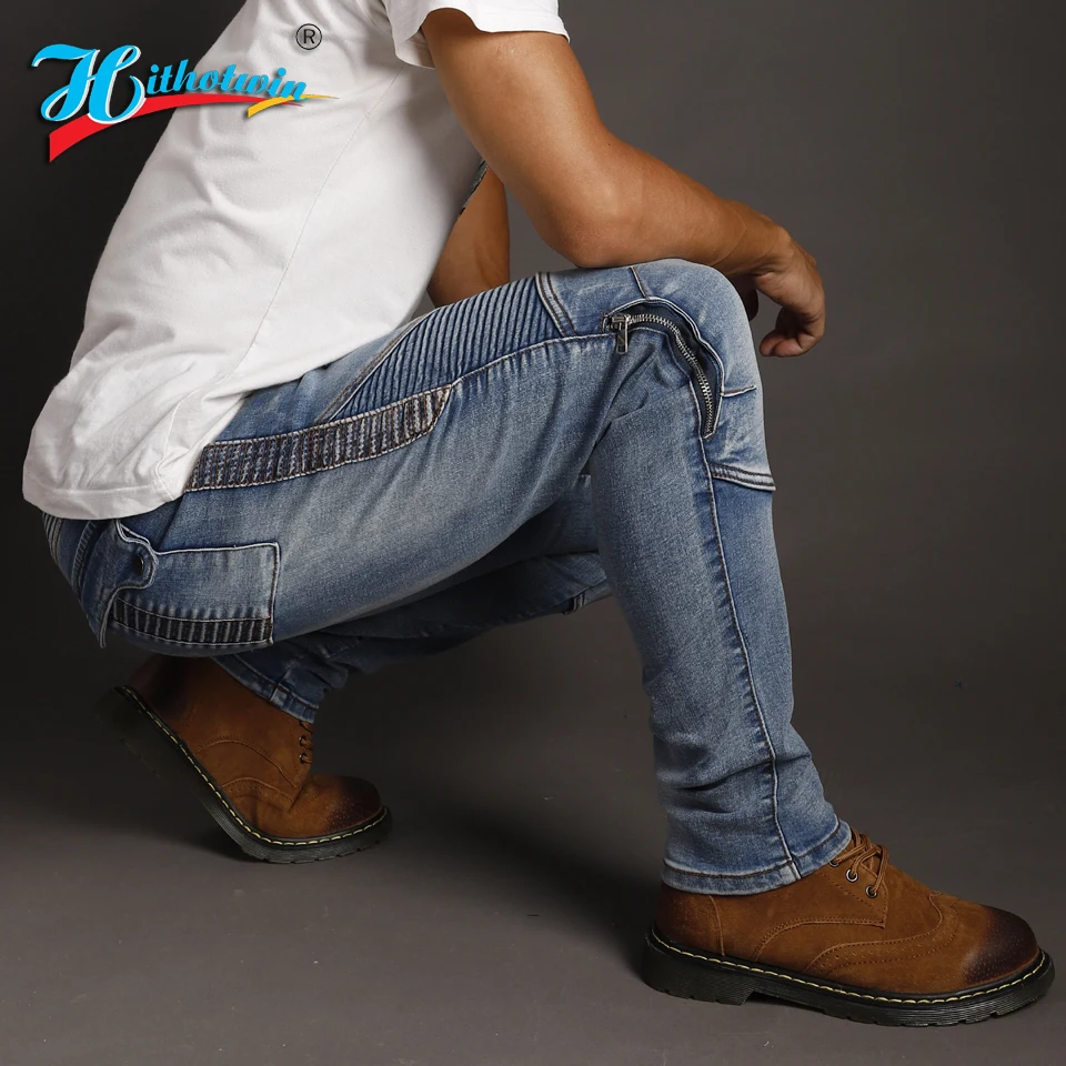 Men Motorcycle jeans Blue Motorbike Pants Aramid Smoke Grey Fireproof wearable Casual Motocross Knee Protective Hi-03