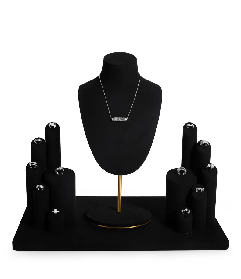 Oirlv Schwarzes Mikrofaser-Schmuckdisplay-Set mit Metall-Schmuckvitrine für Halsketten, Ohrringe und Armreifen – Detail 6