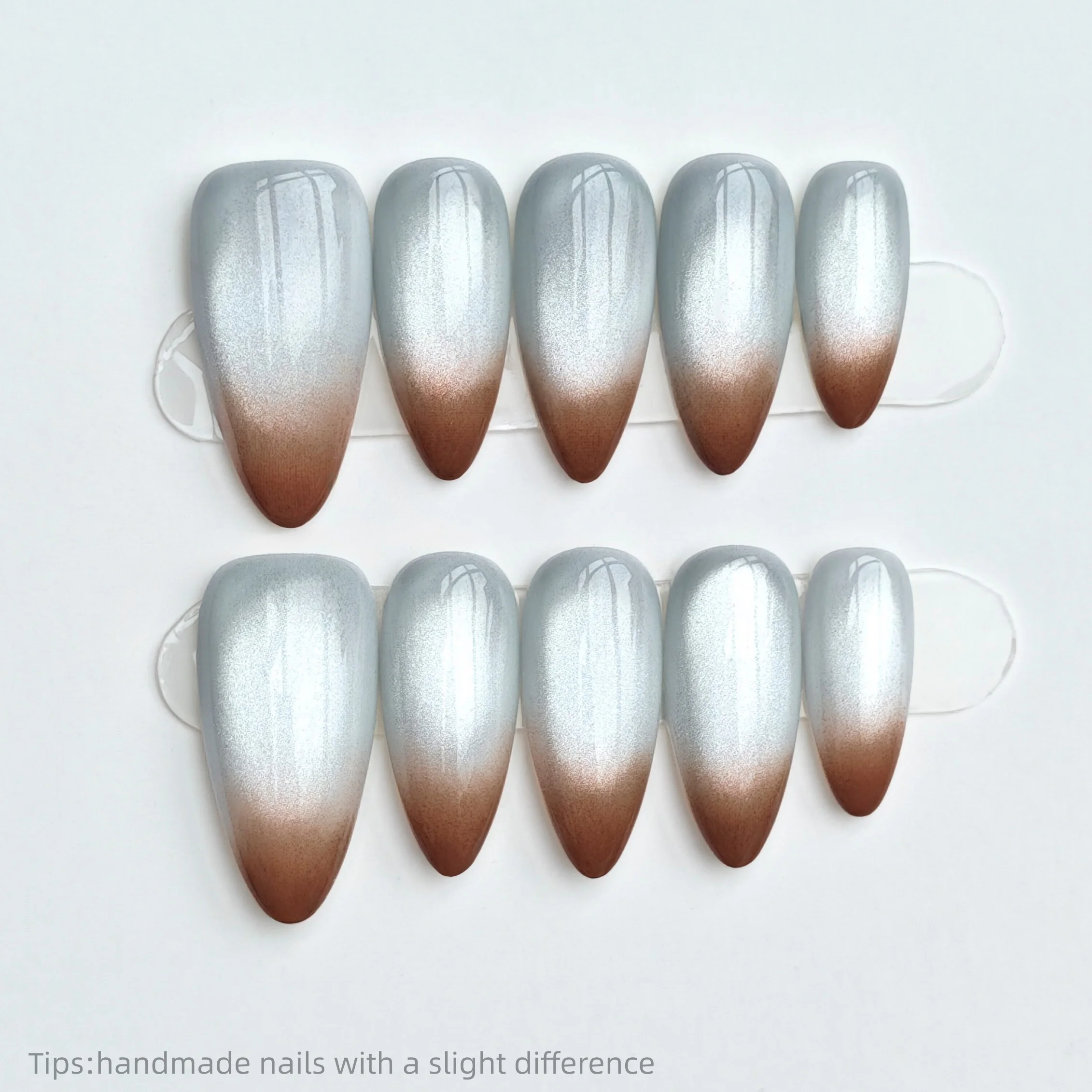 

10 шт., серебристо-коричневый градиентный пресс ручной работы на ногтях, миндалевидные длинные носимые многоразовые INS, модные накладные ногти 2026