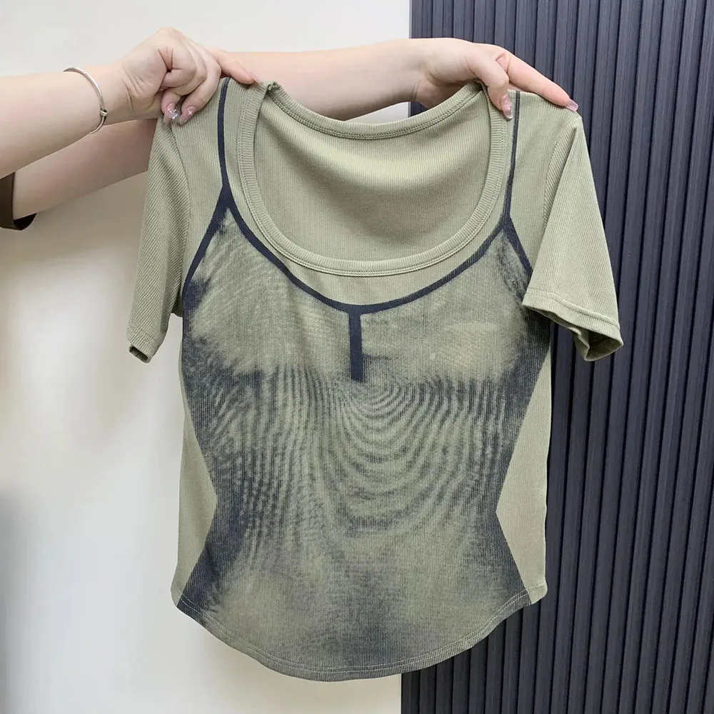 

Women Sexy Square Neck T Shirts 2025 New Casual Letter Shott Sleeve Tops Soft Women's Summer Versatile Chic Tees Woman Clothing