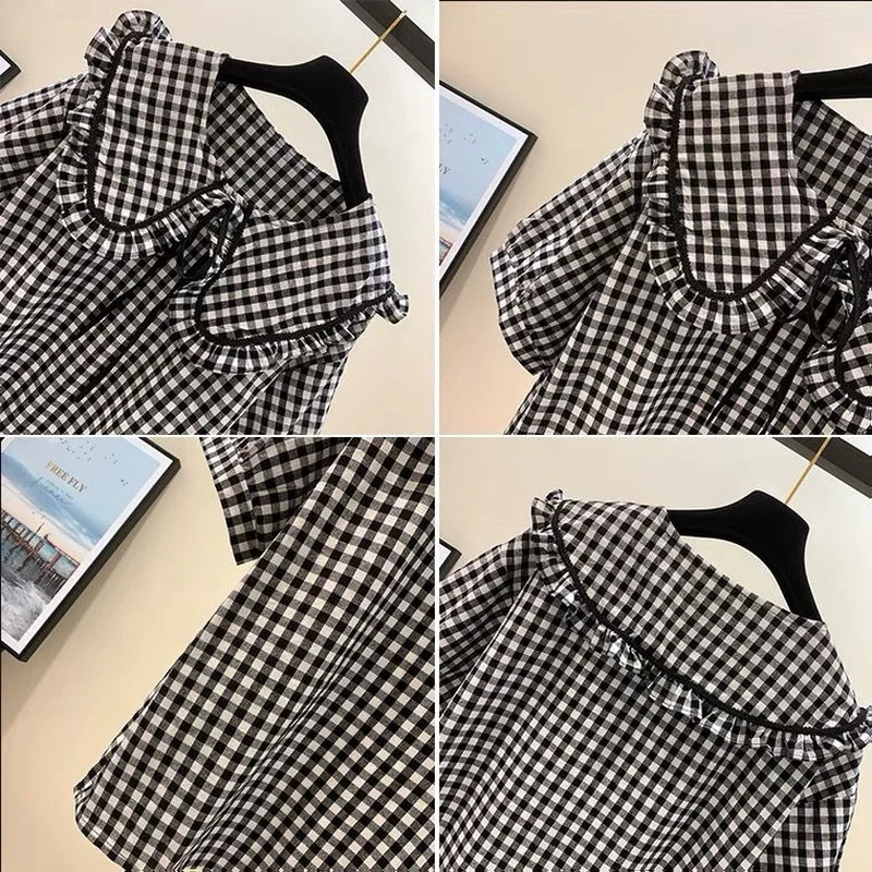 Summer Blouses Women Vintage Comfortable Plaid Chic Ladies Ulzzang Student All-match 2 Styles Casual Cozy Hipster Lace-up Design