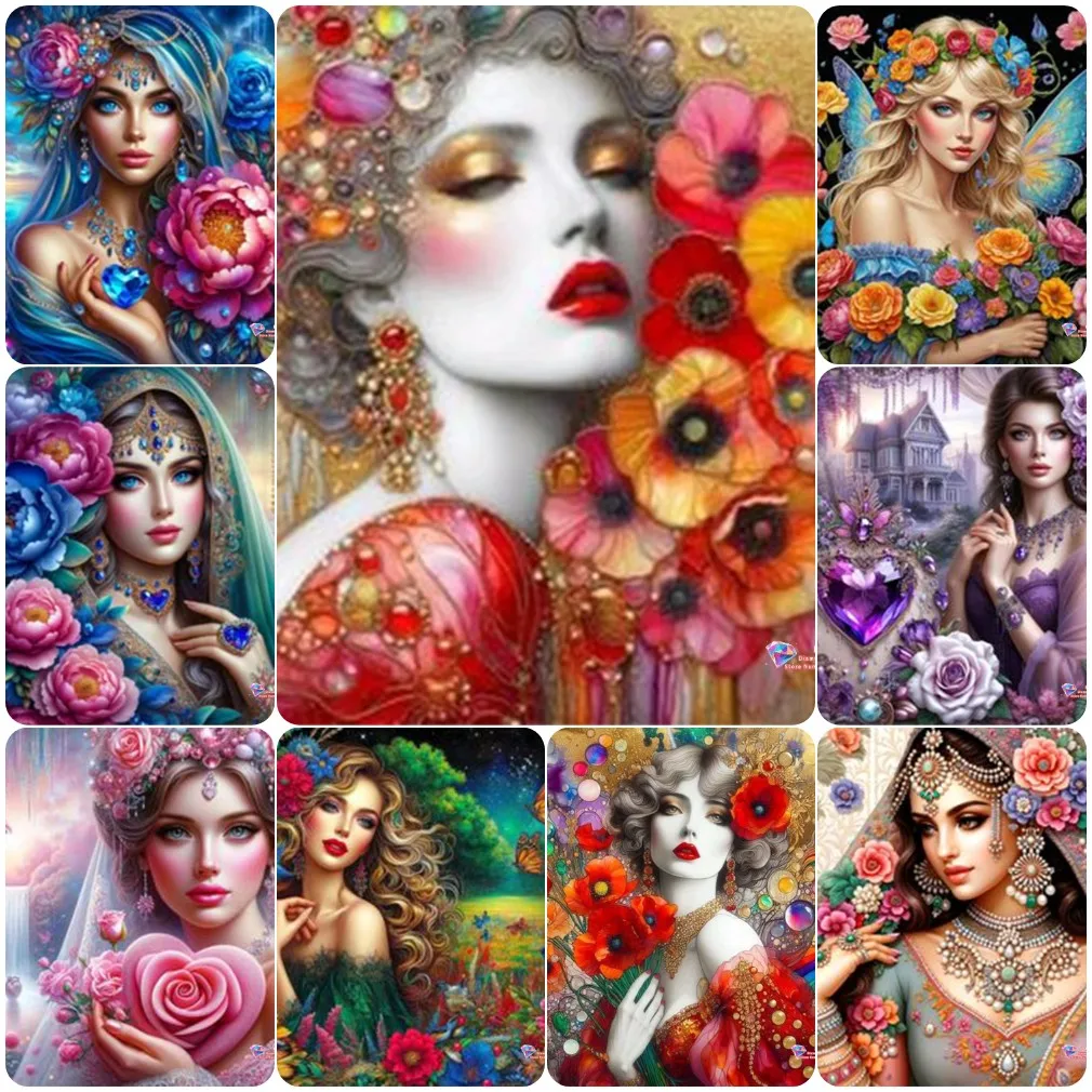 5D DIY Vintage Floral Noble Lady Diamond Painting, Gem Beauty Multi-pattern Combo Wall Art Picture For Living Room Home Decor