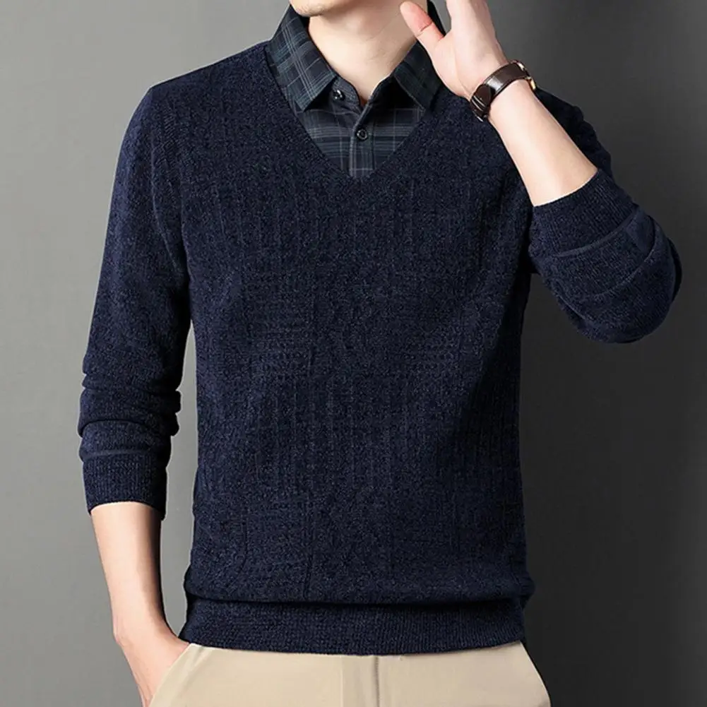 2024 New Fall Winter Men Sweater Fake Two-piece Men's Cashmere Sweater Vest V-neck Sweater Men's Knitted Plush Vest Pullover