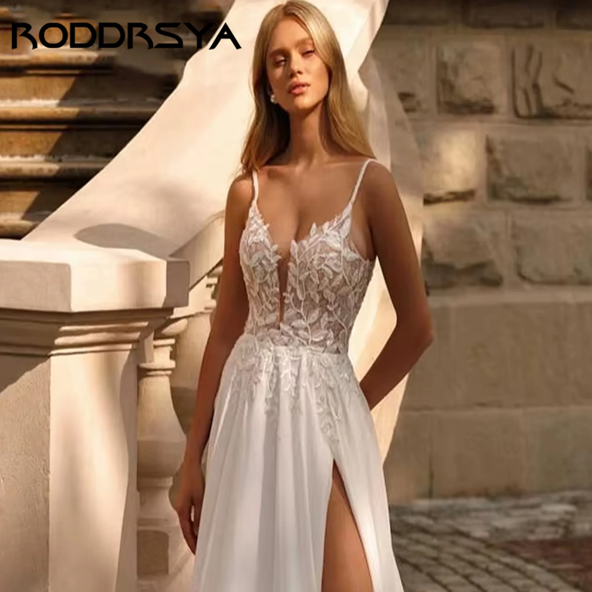 RODDRSYA Abiti da sposa classici a-line aperti sul retro Applique alta spacco senza spalline Abito da sposa Vestido De Noiva personalizzato ﻿ RODDRSYA Abiti da sposa classici a linea aperta indietro applicato cinghie a