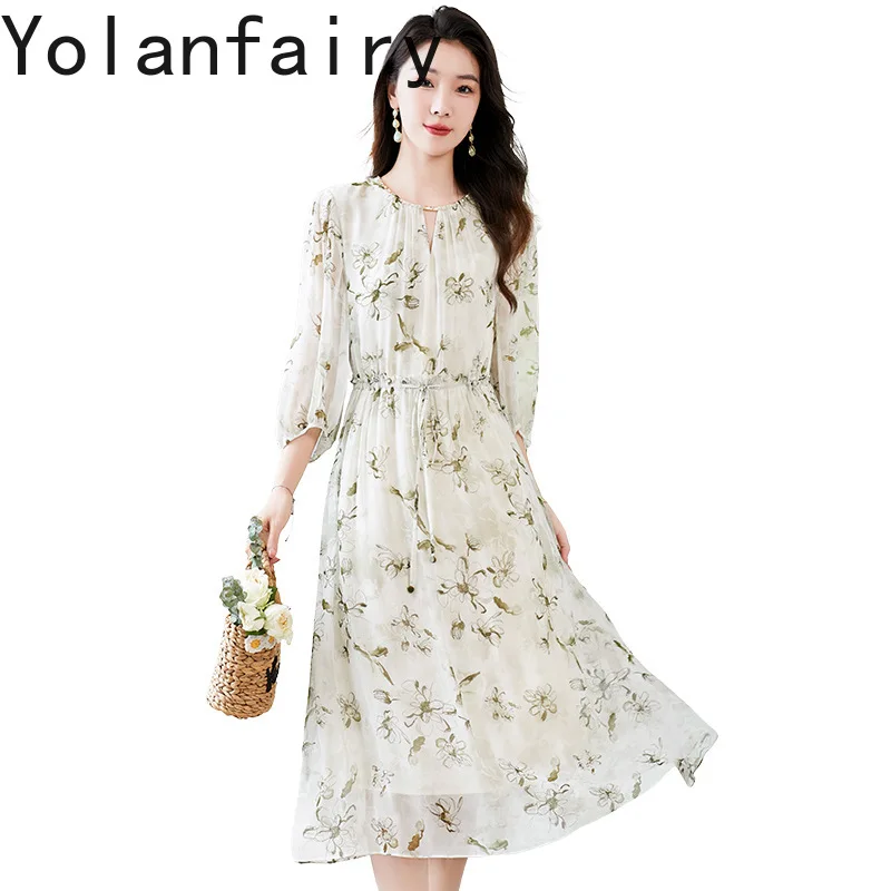 YOLANFAIRY 100% Natural Mulberry Silk Dress Summer 2025 Cinched Waist V-neck Floral Dress Elegant Vacation Dresses Half Sleeve