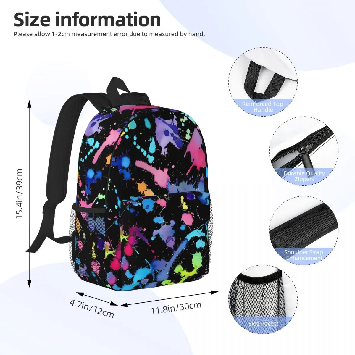 Black Background Paint Splatter New Fashion High Capacity Waterproof College Backpack Trendy Laptop Travel Book Bag 15inch