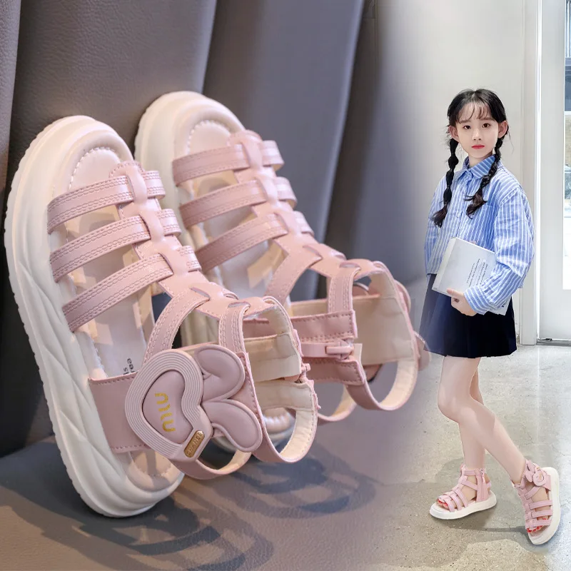 

Римские сандалии для девочек, 2025 г., плетеные однотонные сандалии с открытым носком, простые новые летние повседневные туфли на плоской подошве с высоким берцем, детская модная повседневная обувь