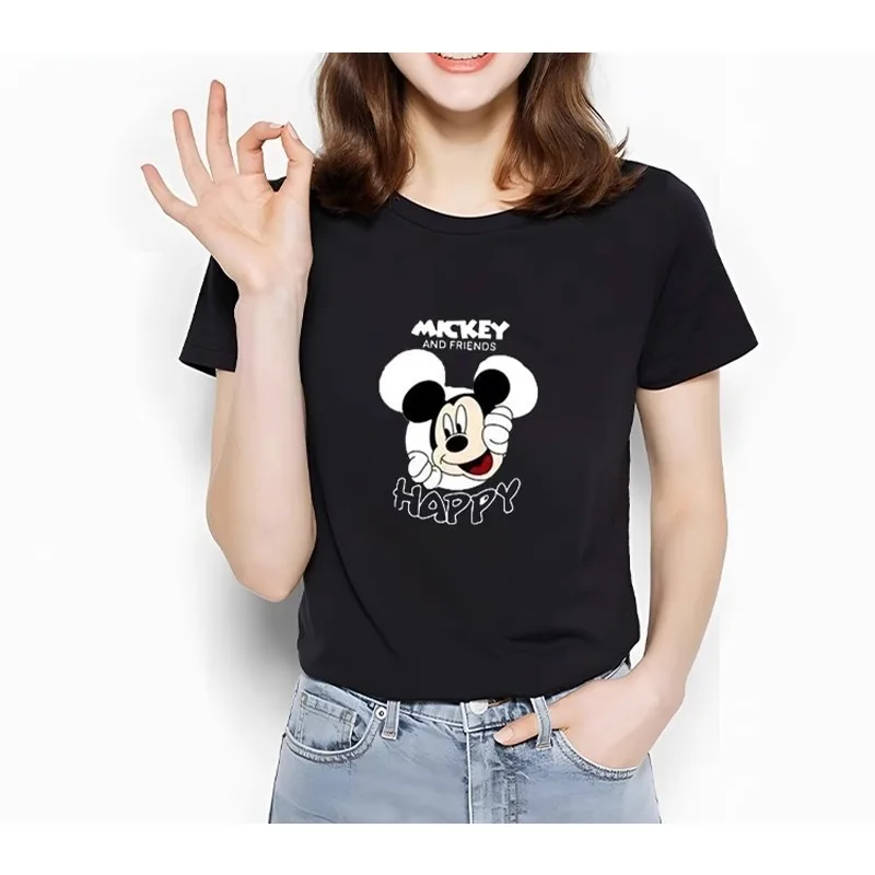 

2025 autumn new black and white slimming cartoon printed short sleeved T-shirt for women round neck casual versatile top