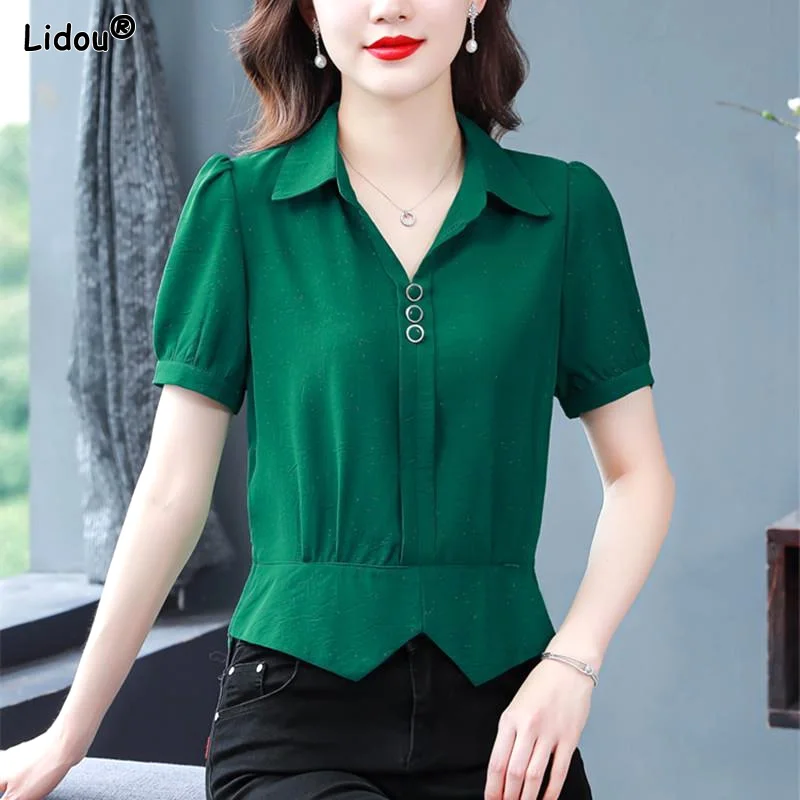 

Skinny Solid Color Pullovers Women's Clothing Short Sleeve Button Turn-down Collar T-Shirts Summer Thin Simplicity Intellectual