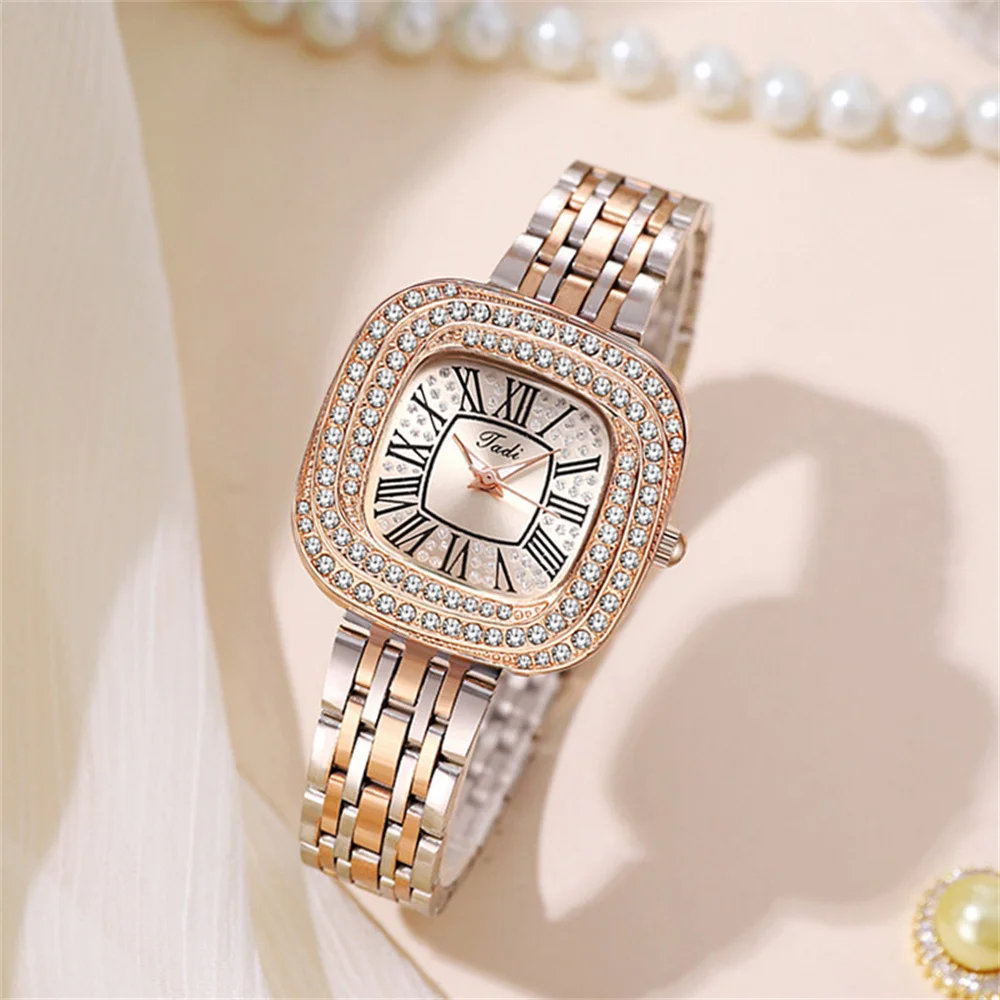 Luxury 2024 Simple Roman Square Full Star Diamonds Ladies Quartz Watch Business Stainless Steel Women\'s Dress Clock Wristwatch