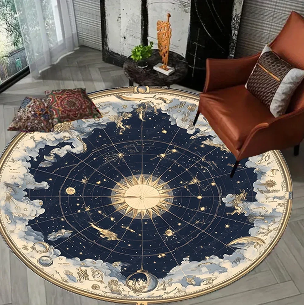Starry Sky Printed Circular Carpet Star Moon Pattern Carpet Dreamy Compass Living Room Bedroom Decoration Rug