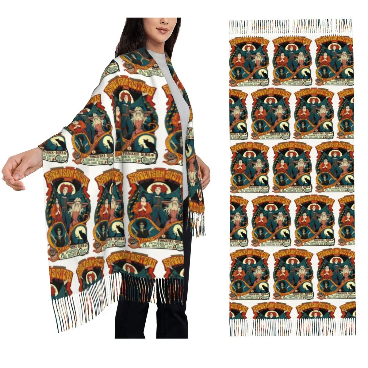 

Шарф Hocus Pocus Sanderson Sisters, шарфы с кисточками для женщин, мягкие теплые шали и накидки, длинная осенне-зимняя шаль