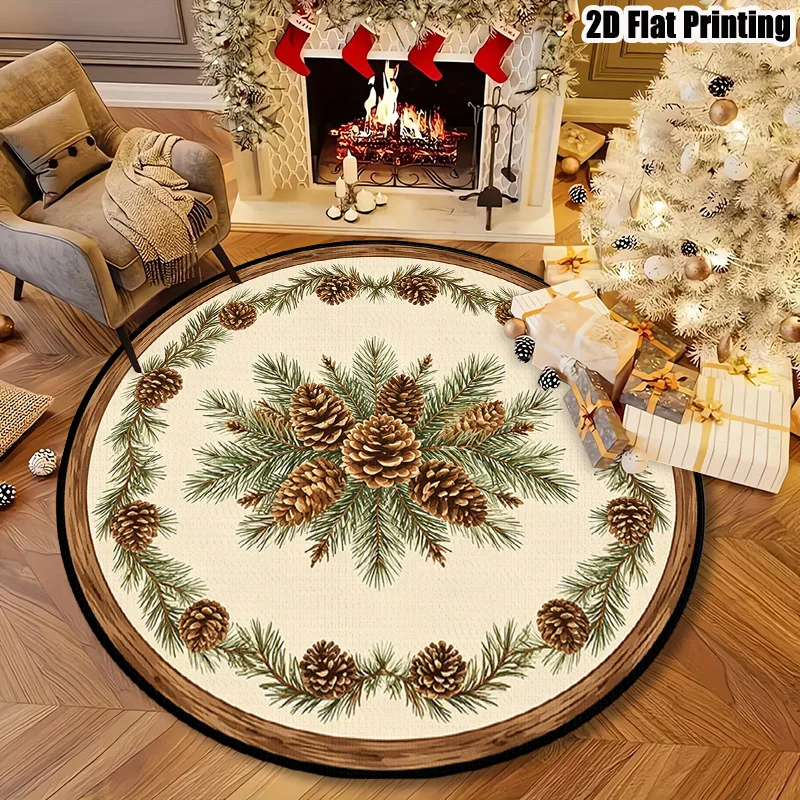 Christmas Round Area Rug Realistic Pinecone Branch Circle Carpet Washable Non Slip Farmhouse Front Door Entryway Decor
