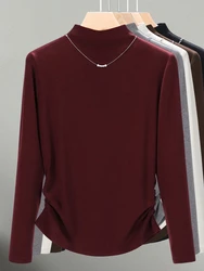 Stand Up Collar Hanging Chain Long Sleeved T-shirt Base Shirt, Women's Spring and Autumn New Style Waist Folded Top M-3XL