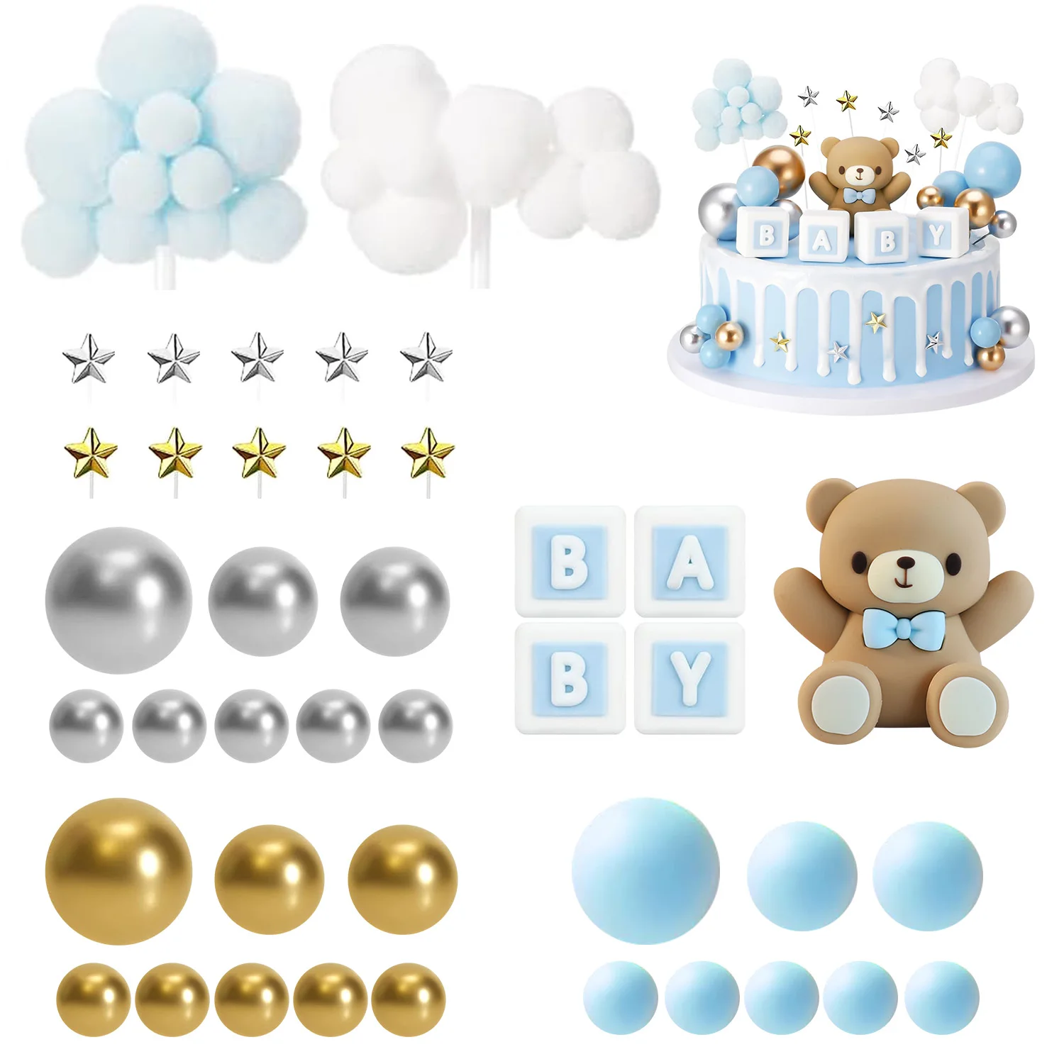 38 Stück Teddybär-Kuchendekorationen mit BABY-Buchstaben, Cupcake-Topper, blau, goldfarben, weiße Kugel für Babyparty, Geburtstagsparty-Zubehör