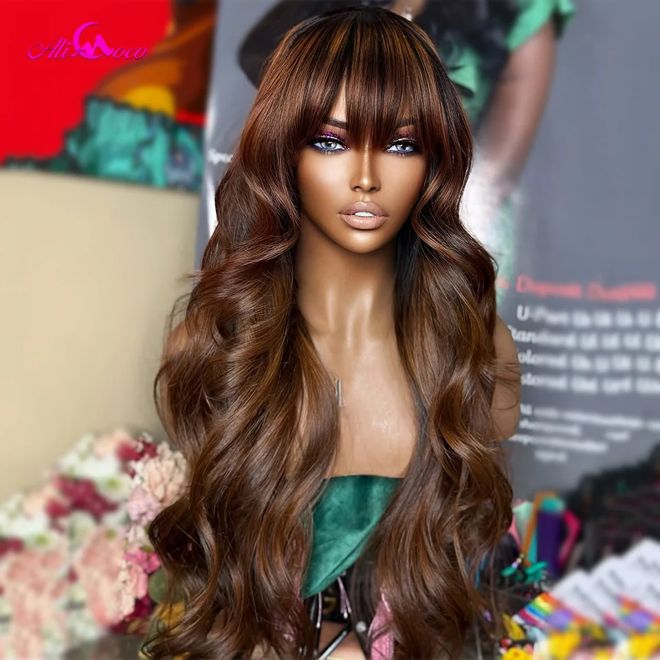 

1B Brown Body Wave Wigs With Bangs Human Hair Brown Colored with Root 13x4 13×6 Transparent Lace Front Human Hair Wigs For Women