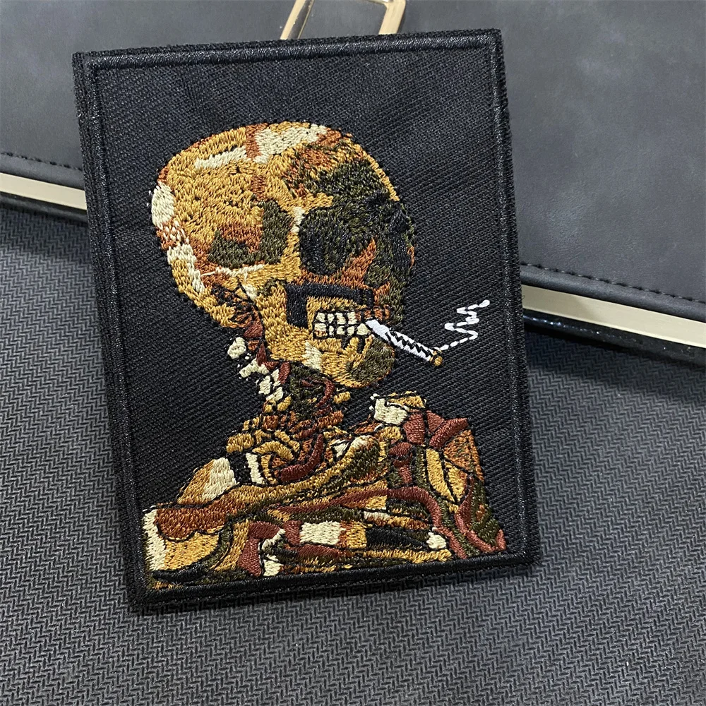 Van Gogh Skull Embroidered Patch Hook Artistic Morale Military Emblem Skeleton with Burning Cigarette Backpack Tactical Stickers