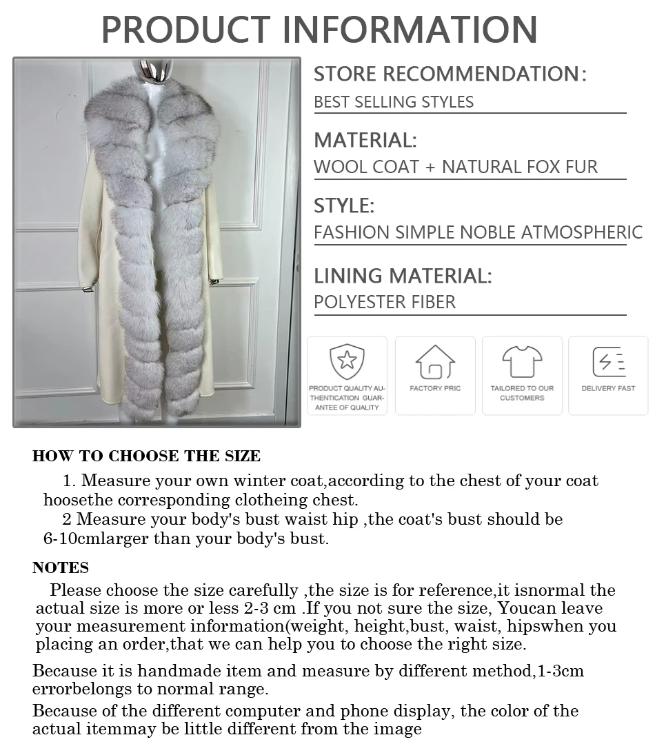 Winter Coat For Women Wool Cashmere Coat Women Real Fox Fur New White Wool Coat Women Fashion view 5