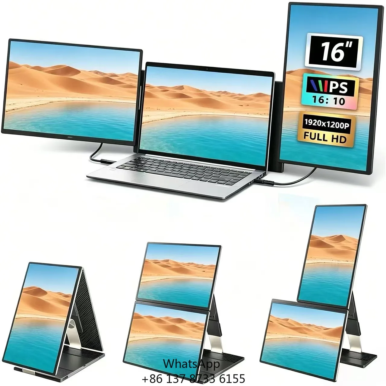 Three Screen Monitor Portable Display Table 2 Laptop 16 Inch FHD 1200P IPS LCD Panel For Work From Home High Efficiency Studio
