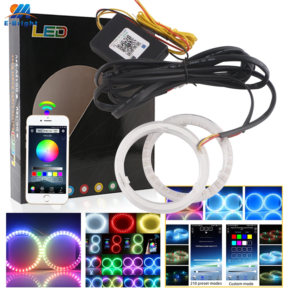 2Pcs RGB Colorful Streamer+Turn Signal Amber 80mm 95mm Angel Eyes Bluetooth APP 3535LED Halo Ring Car Tail DRL Driving Headlight