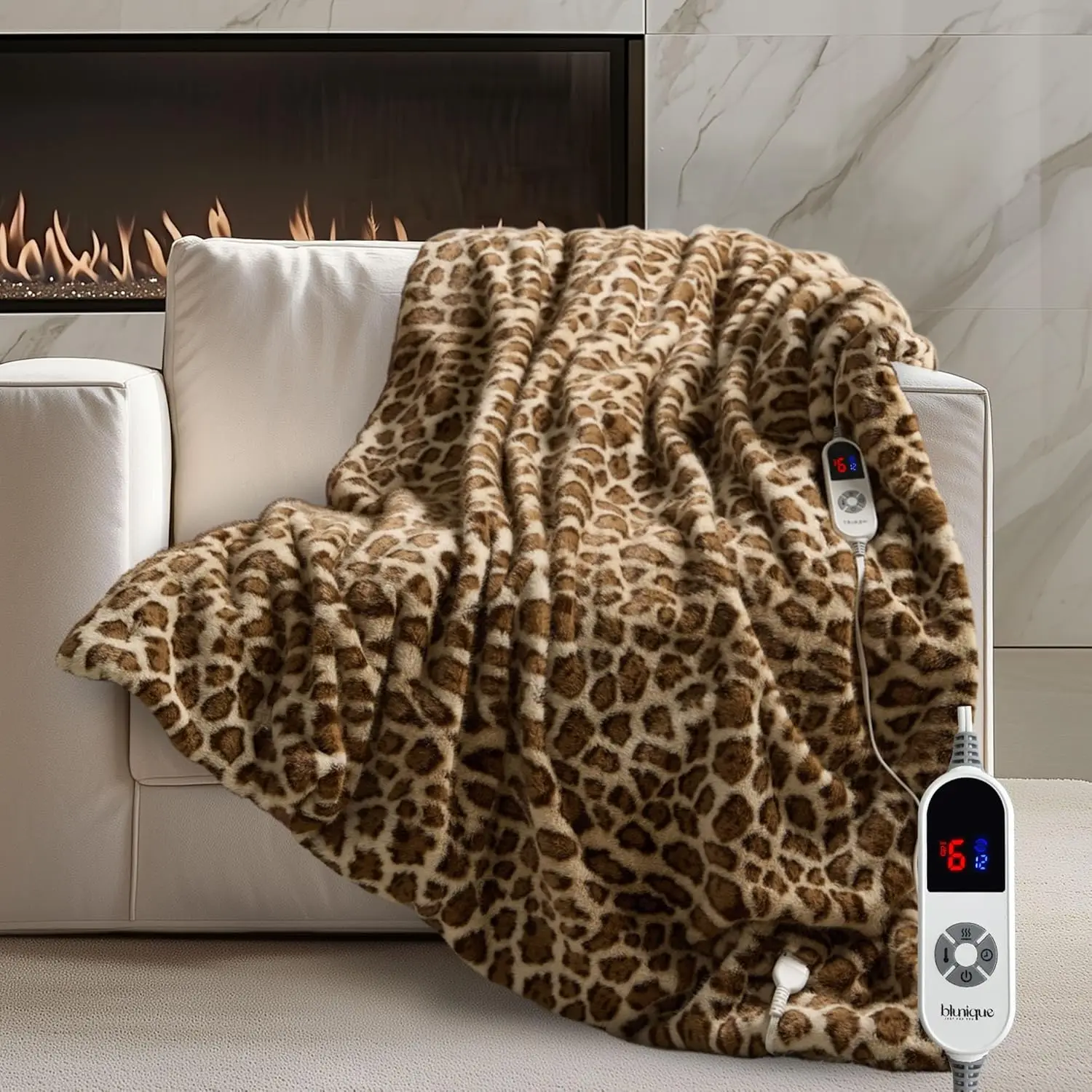 

Leopard Print Heated Throw Blanket - 6 Heat Levels, Auto Shut-Off, Washable, Ultra Soft Faux Fur, 50x60 Inches