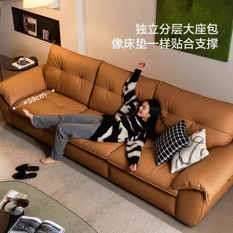 Retro black leather sofa living room 2025 new Italian first-layer cowhide sofa modern and simple 4