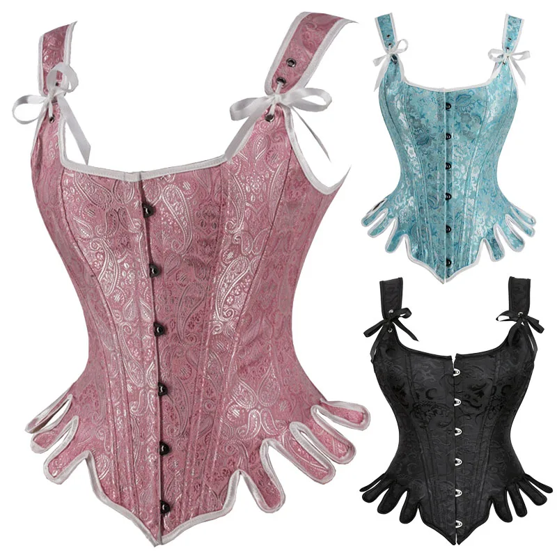 Vintage Barbie Pink Corset U-neck Corsets and Bustiers Embroidery Corset with Shoulder Strap Bow S-2XL