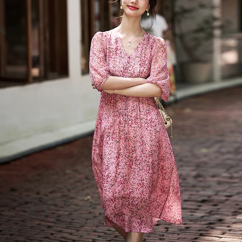 

Prairie Chic Women's Floral Print Dress 2026 Summer V-neck Elegant Fashion Dresses for Women 100% Real Silk A-line Long Dress