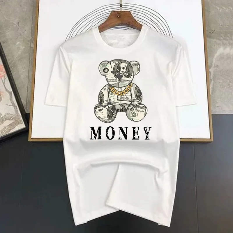 Money Bear Gold Necklace Personality Print Men Tshirt Oversized Cotton T Shirts High Quality Brand Tshirt Street Loose T-Shirt