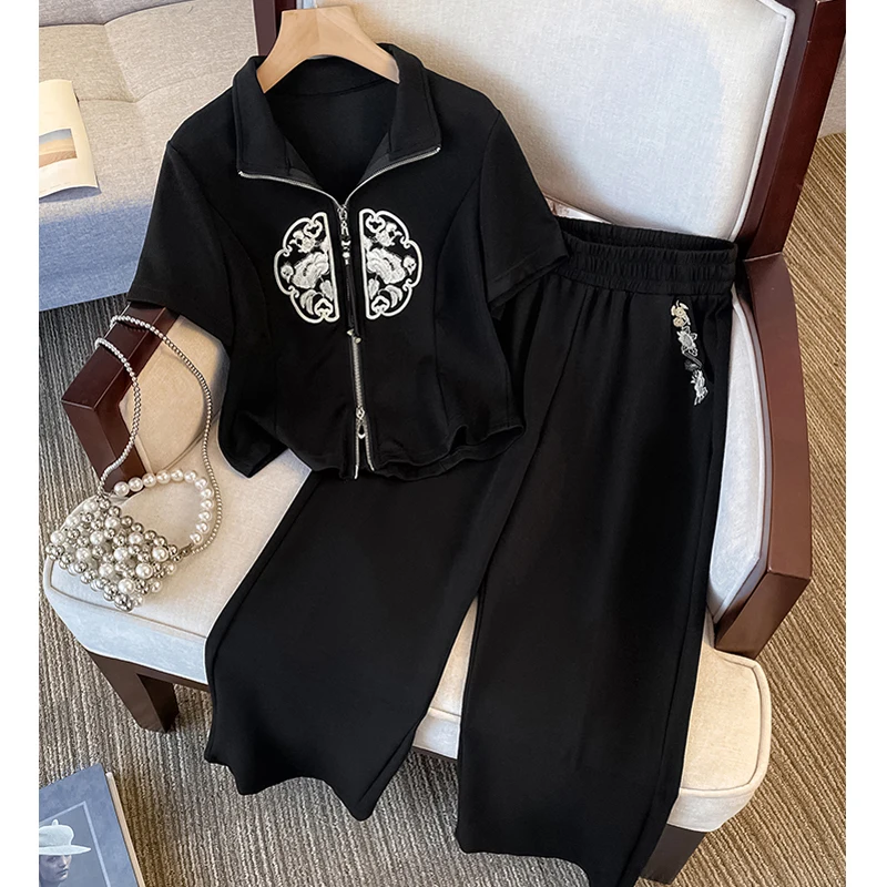 

Summer Cotton Two-piece Set For Women Zip-up Cardigan Tops And Pants Female Large Size Black Casual Embroidery Sprot Match Suits