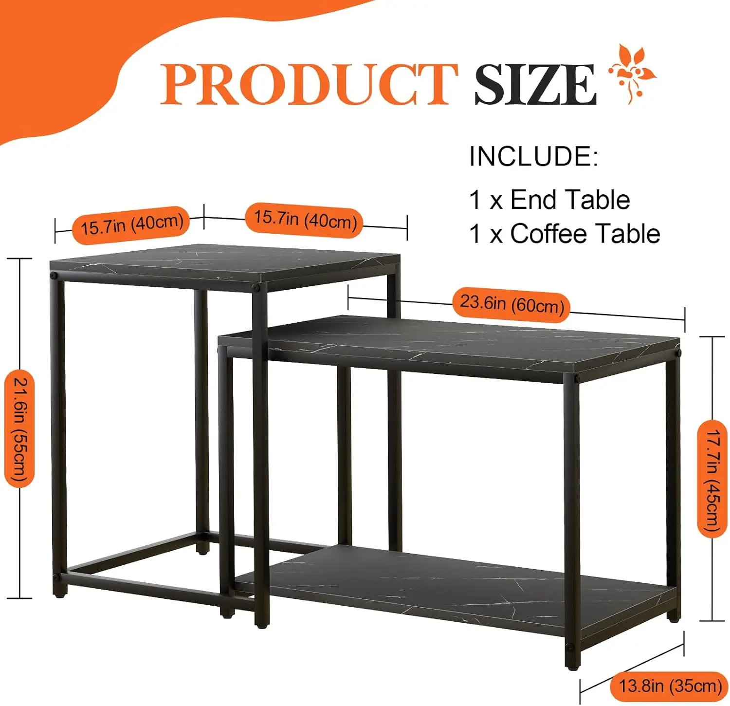 Coffee Table , Modern Design for Living Room & Bedroom, Faux Marble Center Table with Storage, Set of 2 Nesting Side Tables