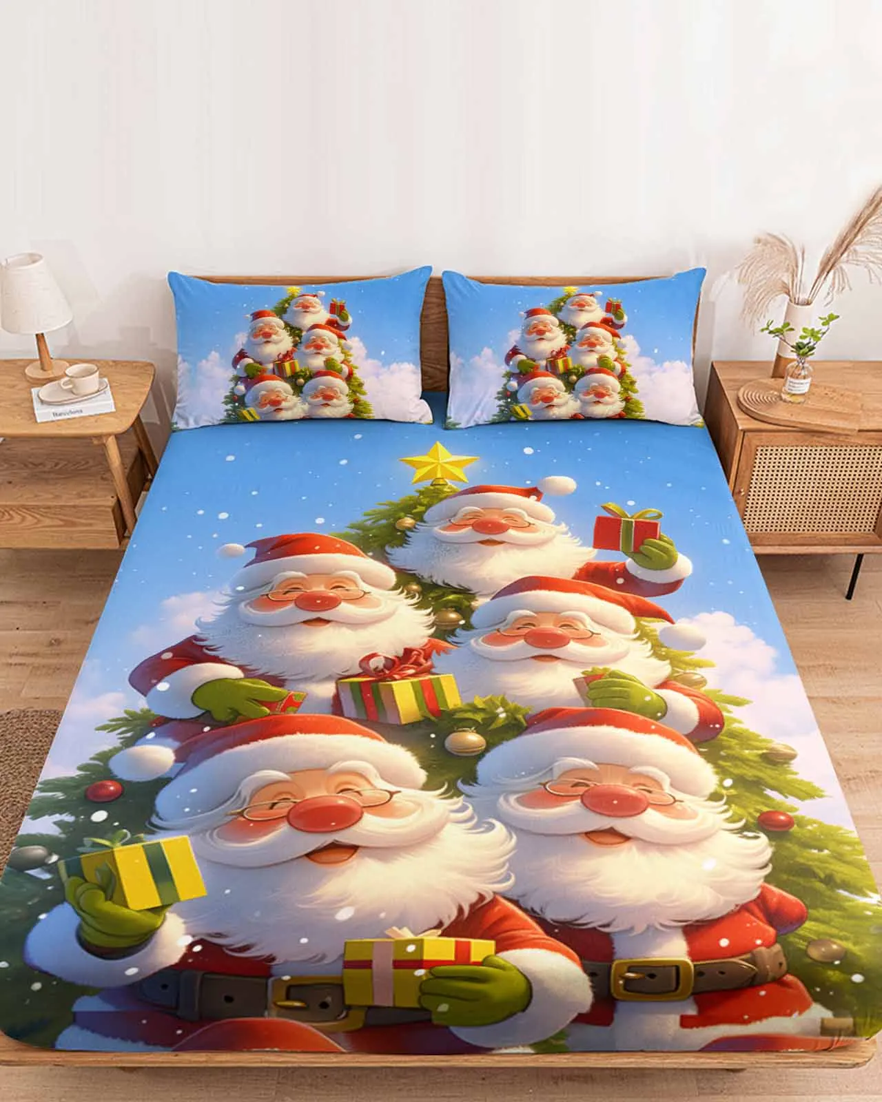 

Christmas Santa Christmas Tree Snowflakes Polyester Fitted Sheet Mattress Cover Four Corners Elastic Band Bed Sheet Pilllowcase