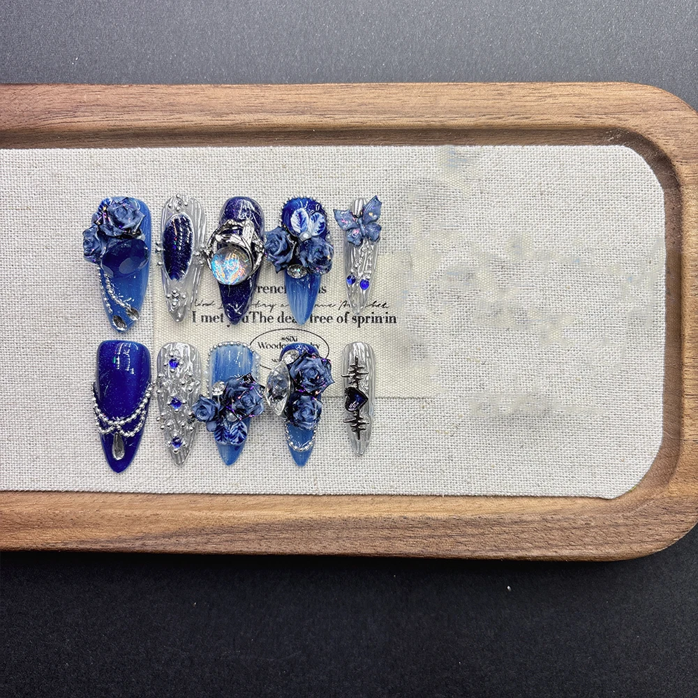 Deep Blue Dream Press On Nails With 3d Rose And Iridescent Gems_voghion.com