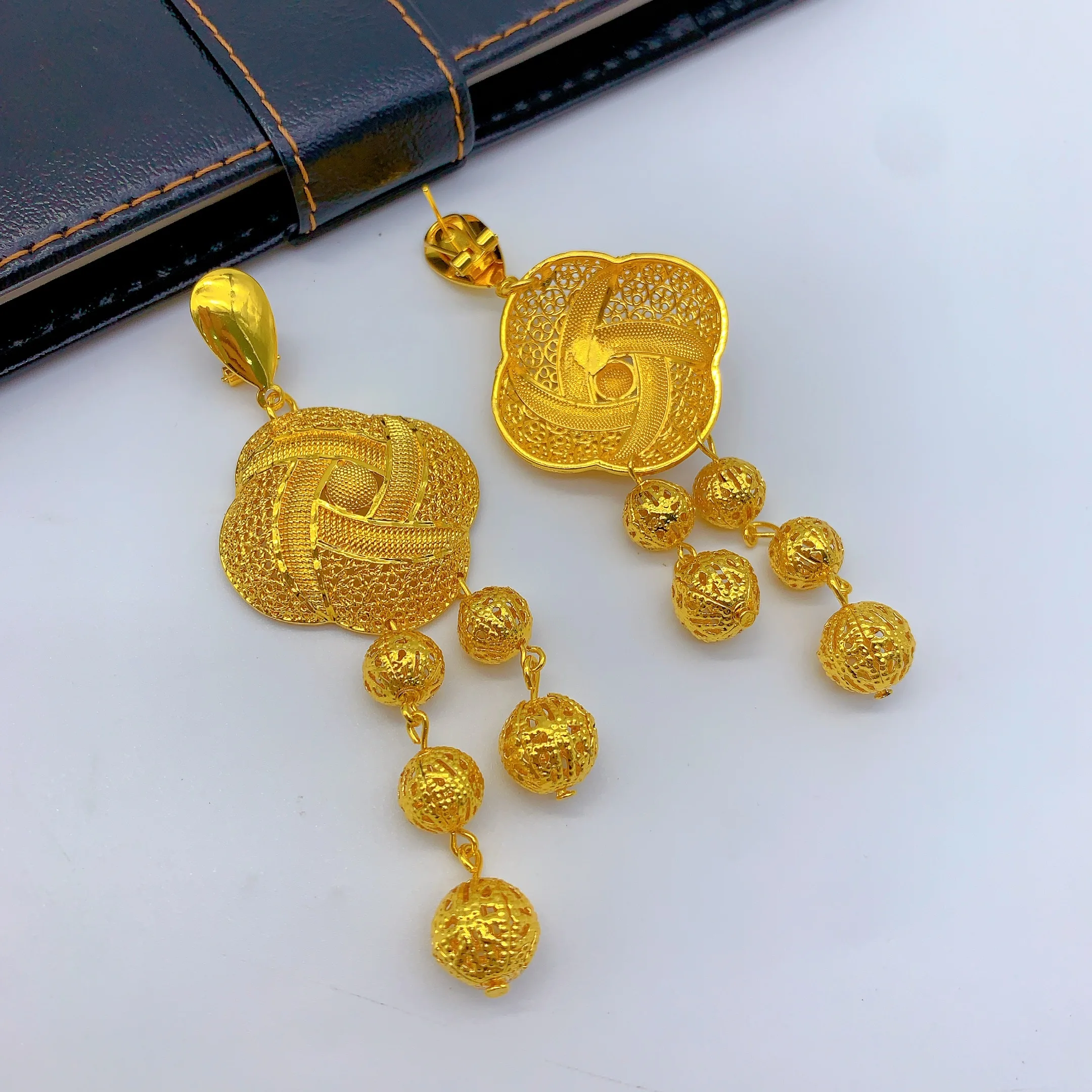 Nigerianische Perlenkette Ohrringe Schmucksets für Frauen Lange 24K Goldfarbene Hochzeitsarmbänder Indische Ringe Brautgeschenk – Detail 3