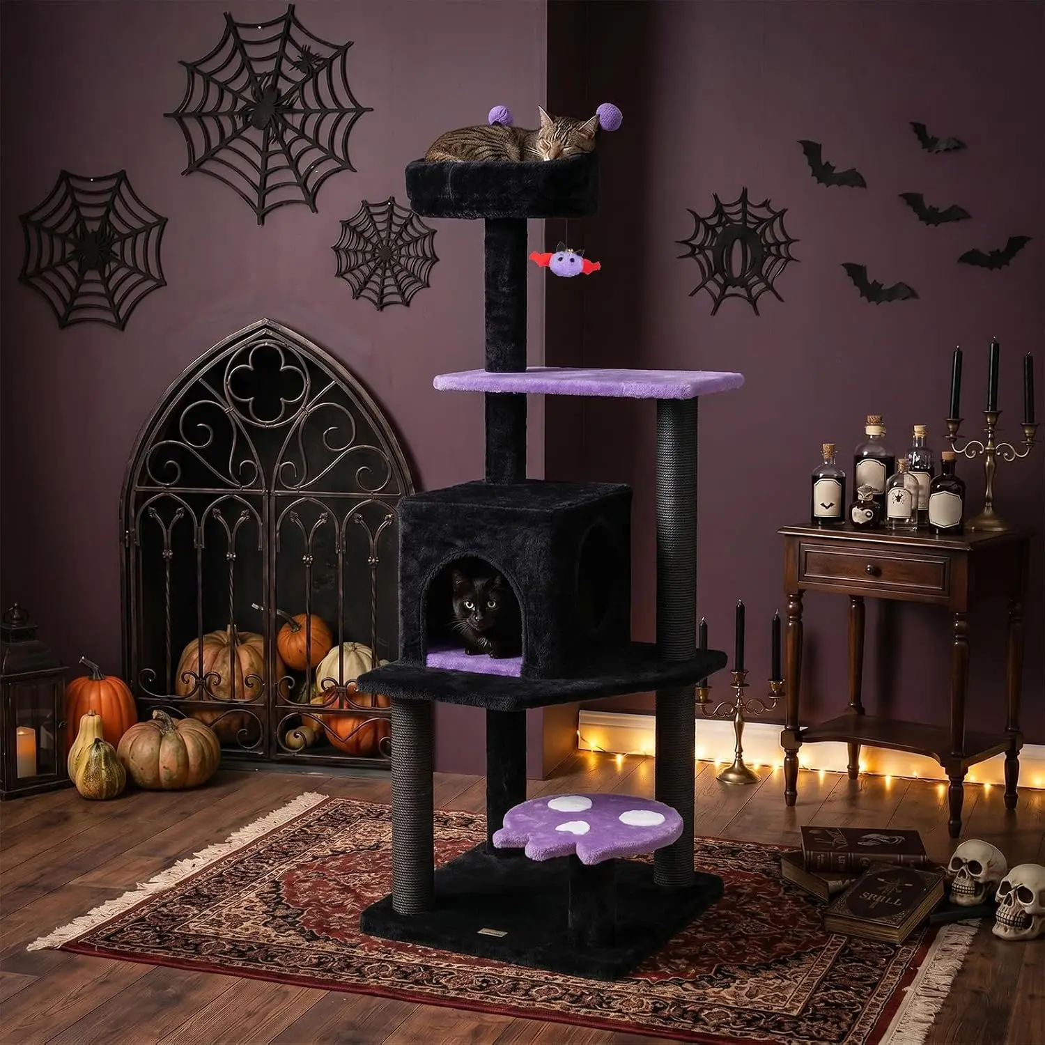 57-inch Gothic Cat Tree, Multi-Level Goth Cat Tower with Scratching Posts, Bat-Shaped Dangling Ball, Comfy Condo, and Multiple