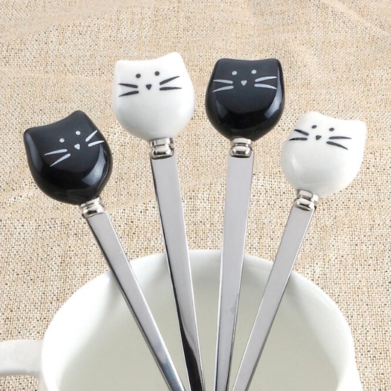 Cartoon Cat Fork Stainless Steel Long Stirring Spoon Fruit Fork Coffee Spoon with Ceramic Cute Cat Handle Tableware Flatware