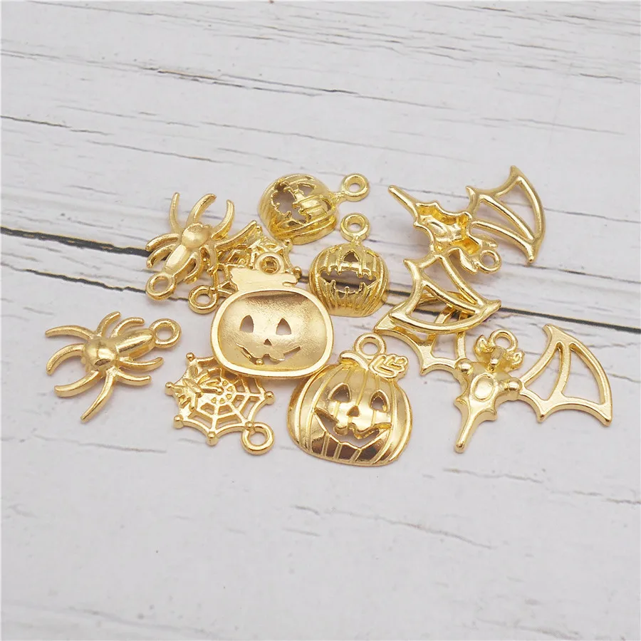 20PCS Gold Color Halloween Charms Alloy Bat Spider Cobweb Pumpkin Pendant Earrings Necklace Bracelet Jewelry Accessory