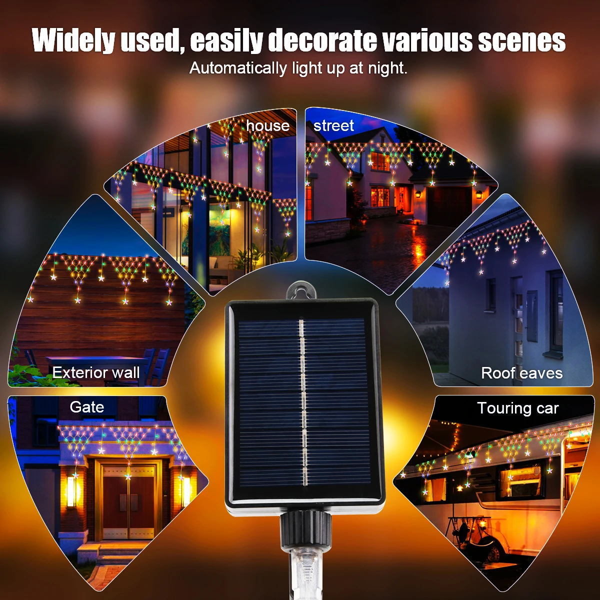 سلسلة إضاءة شمسية مزينة لعيد الميلاد ، نجمة خماسية ليد ، شريط ثلج ، مصابيح ستائر ، مقاومة للماء ، خارجية ، حديقة ، إيف ، 8 أوضاع