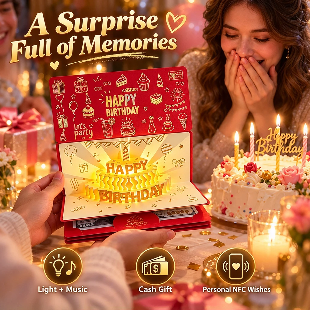 NFC Enabled 3D Pop-Up Birthday Card with LED Lights Music Cash Slot And Message Sharing Feature Compatible with iPhone & Android