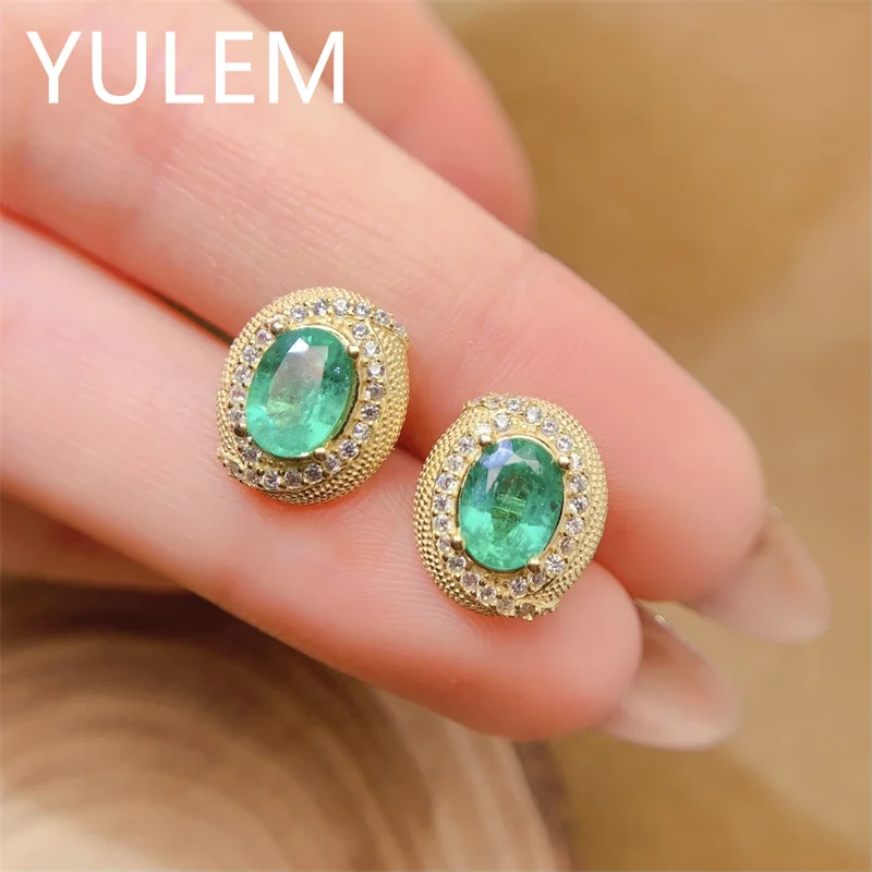 

YULEM 925 Silver Emerald Stud Earrings 5x7mm Oval Natural Gemstone for Women Daily Wear