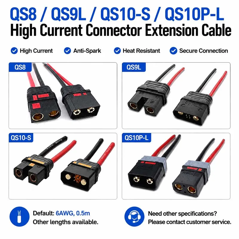 1PCS QS8-S, QS9L, QS10-S Spark-Proof Plugs for Electric Motorized Crop Protection Drones—6 AWG, 0.5 m High-Current Cable