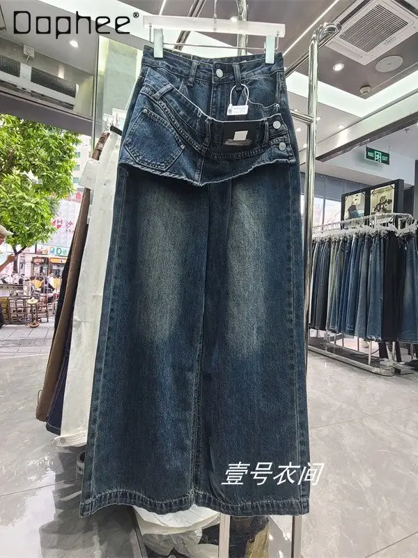 

Blue Irregular Design Wide-leg Jeans for Women 2026 Spring New High-waisted Slimming Straight Casual Floor-length Pants