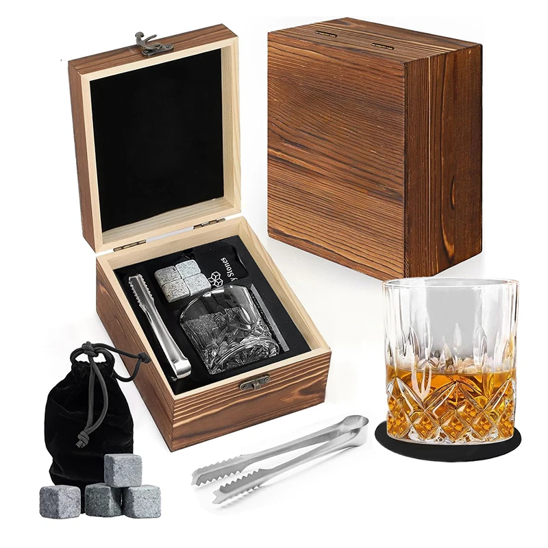 

Подарок на день отца для мужчин, набор очков с камнями виски, гранитный ледяной блок для виски в деревянной коробке для бутылок, подарок для папы, мужа