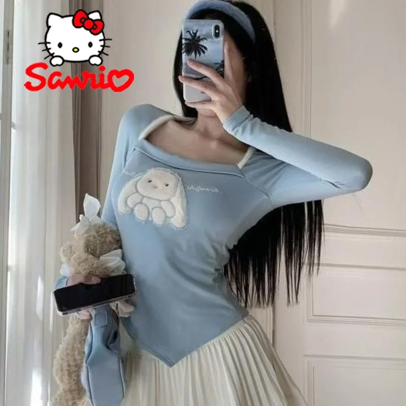 Sanrio Cinnamoroll Woman Long Sleeve T-shirt Y2K Cartoon Sexy Slimming Square Neck Top Autumn Winter Fashion Warm Underwear Tops